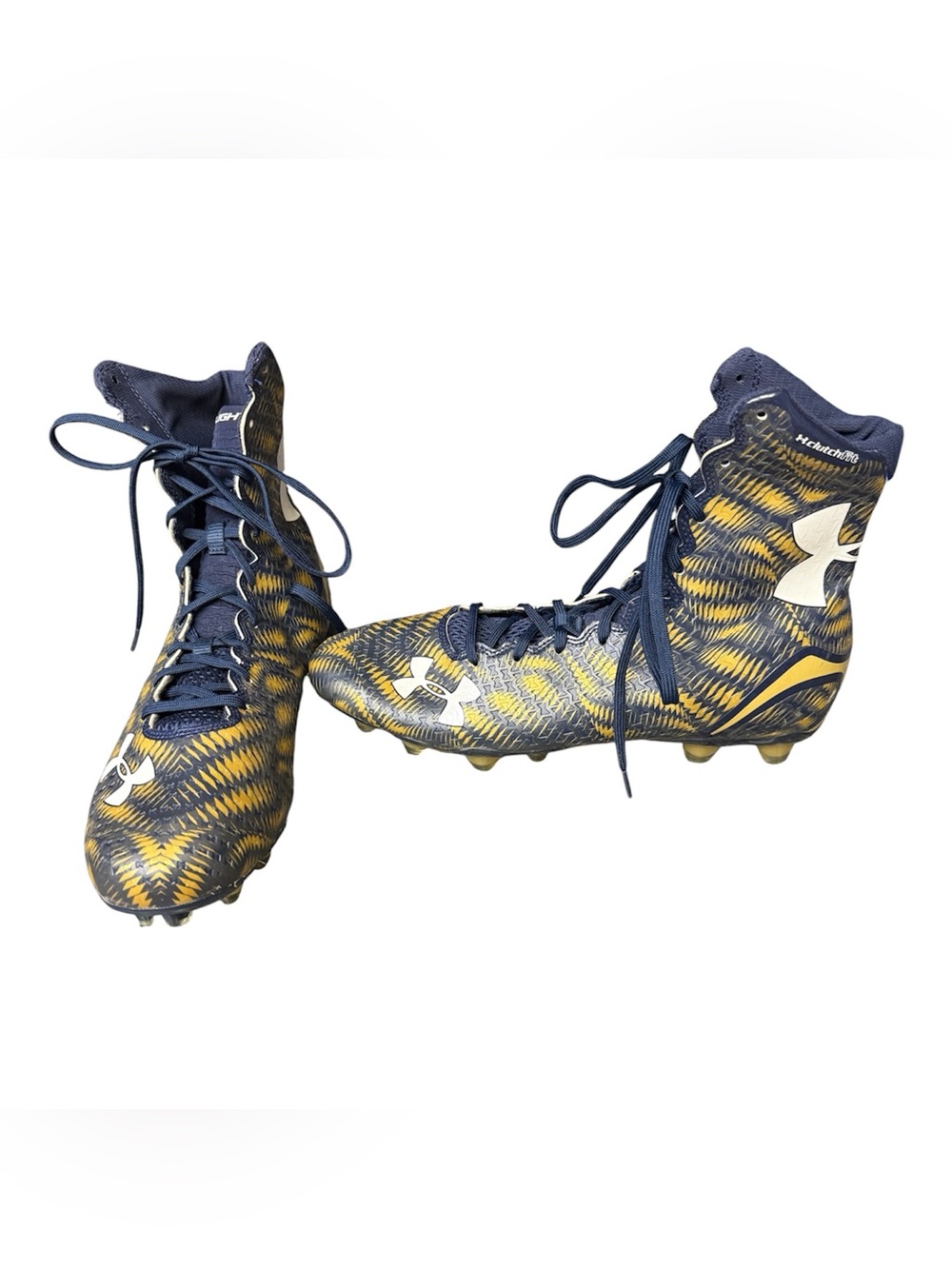 Under Armour Highlight men’s Navy and Gold High-Top Football Cleats. Size 13